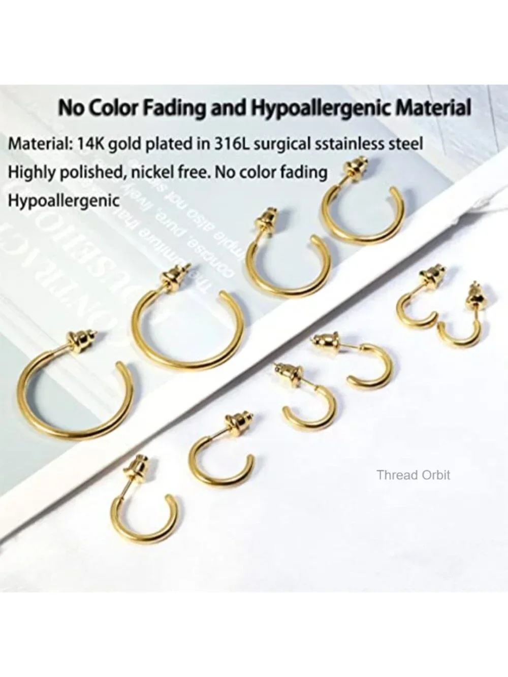 14K Gold Plated Open Huggie Hoop Earrings Set Hypoallergenic Stainless Steel